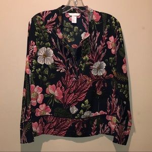 H&M—WOMEN’S TROPICAL/FLORAL PRINT—MANDARIN COLLAR, TUNIC w/ BEAUTIFUL DETAILS!!
